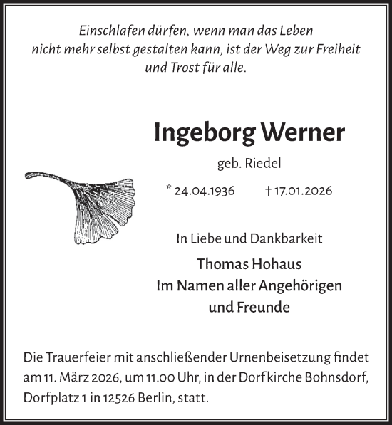 Traueranzeige von Ingeborg Werner von Berliner Zeitung