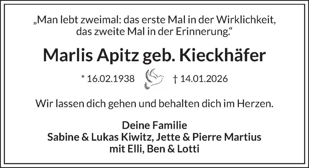  Traueranzeige für Marlis Apitz vom 24.01.2026 aus Berliner Zeitung
