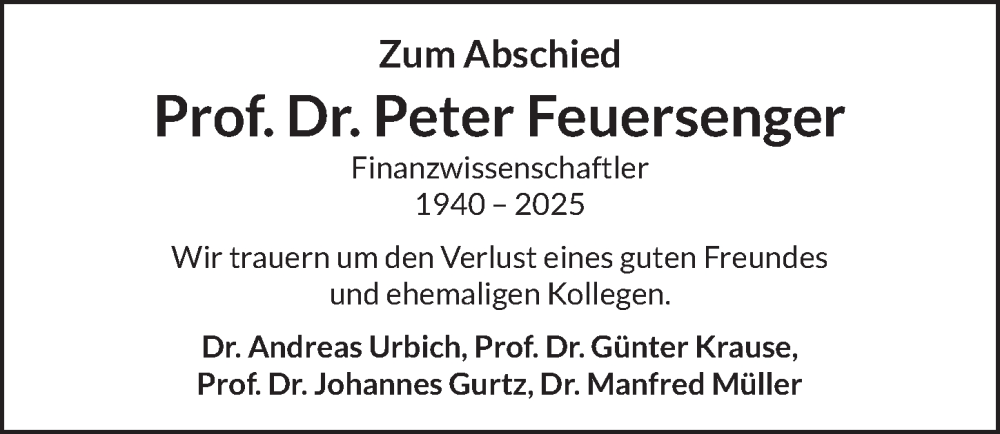  Traueranzeige für Peter Feuersenger vom 31.01.2026 aus Berliner Zeitung