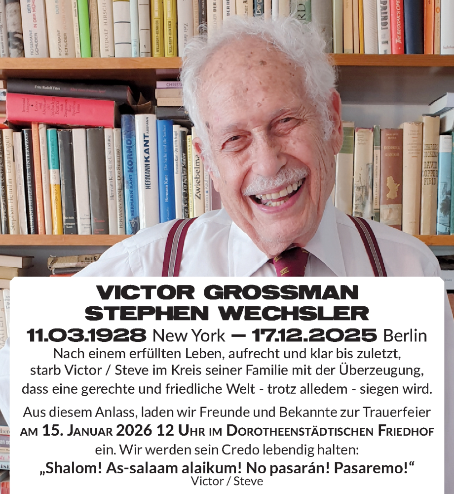  Traueranzeige für Victor Stephen Grossman vom 10.01.2026 aus Berliner Zeitung