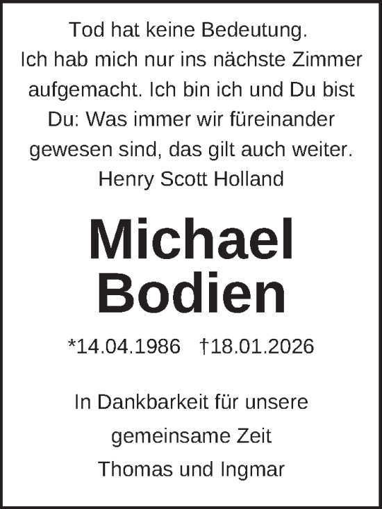 Traueranzeige von Michael Bodien von Berliner Zeitung