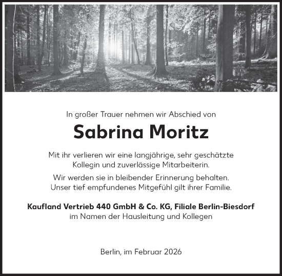 Traueranzeige von Sabrina Moritz von Berliner Zeitung