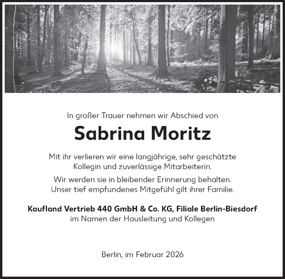  Traueranzeige für Sabrina Moritz vom 25.02.2026 aus Berliner Zeitung