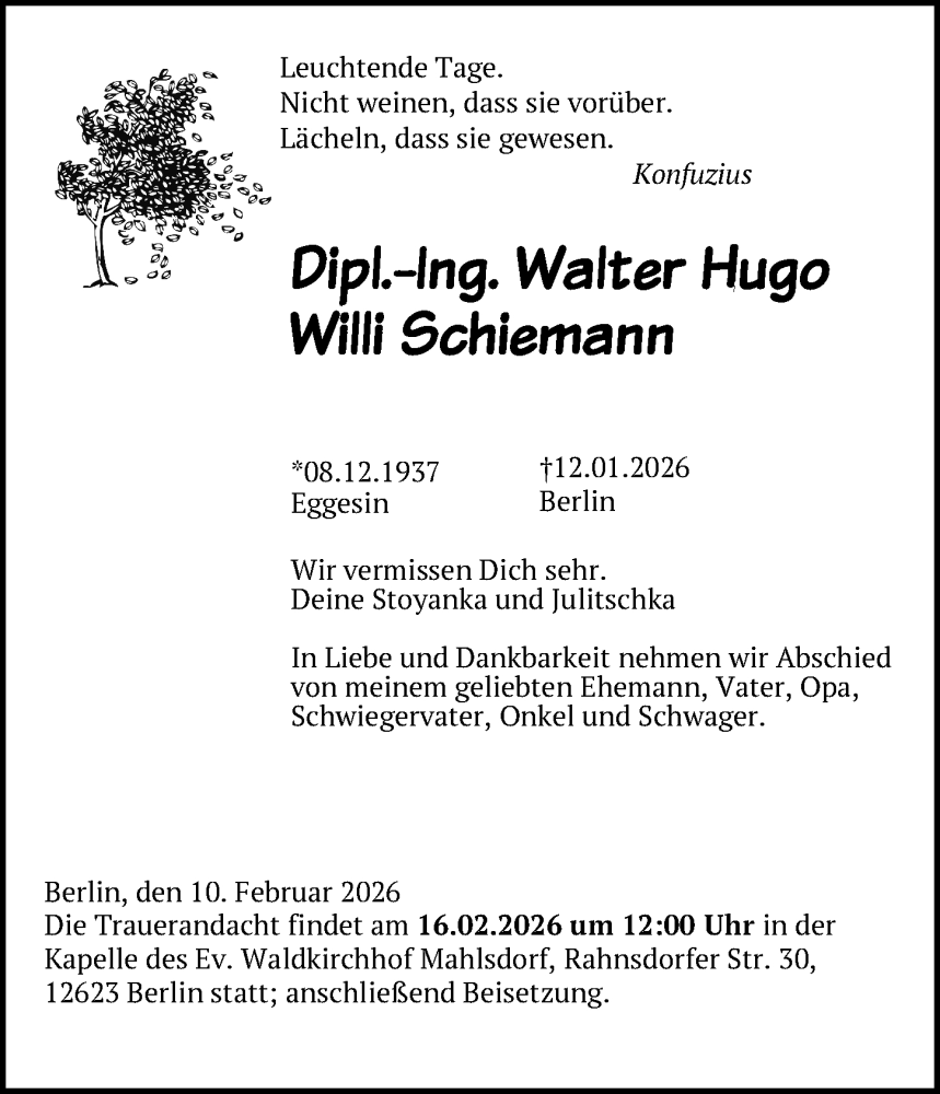  Traueranzeige für Walter Hugo Willi Schiemann vom 12.02.2026 aus Berliner Zeitung