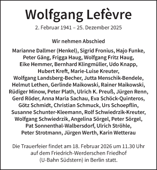 Traueranzeige von Wolfgang Lefèvre von Berliner Zeitung